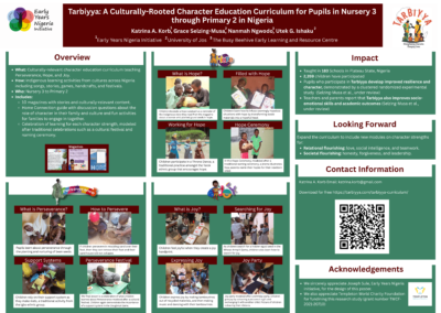 Research poster presenting the Tarbiyya Character Education Curriculum and its impact on Nursery 3 to Primary 2 pupils in Nigeria.